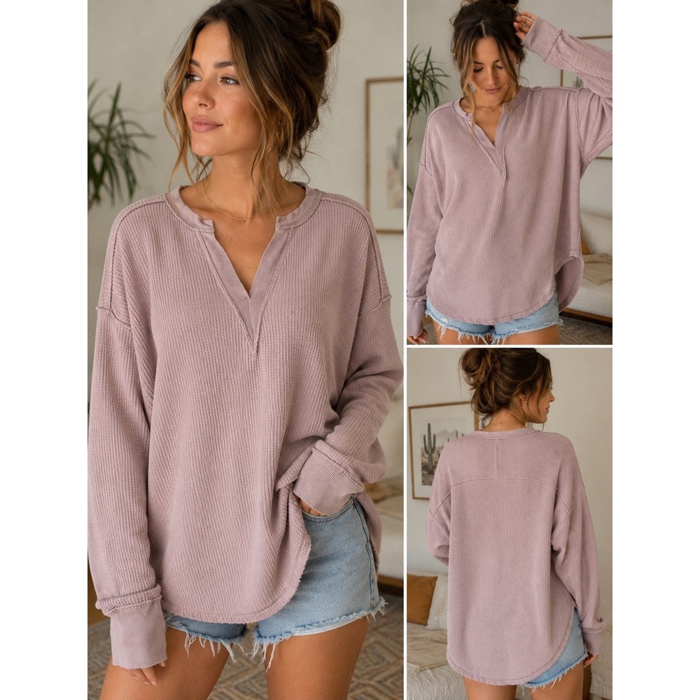 Free People We The Free Waffle Knit Thermal Top XS Oversized Pink Raw‎ Hem Boho